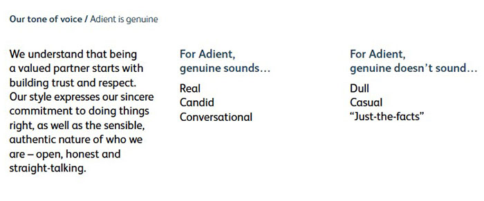 Sample from Adient Style Guide, verbal identity