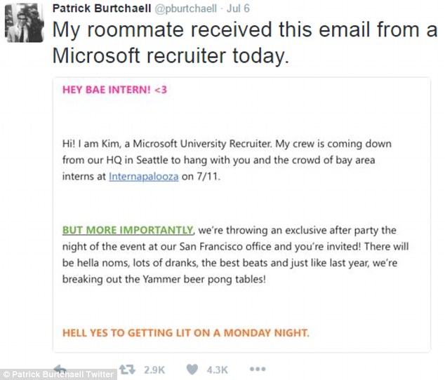 Microsoft recruiting email; "HEY BAE INTERN!"